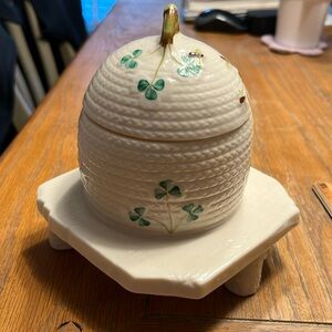 Belleek Shamrock Honey Pot with stand.